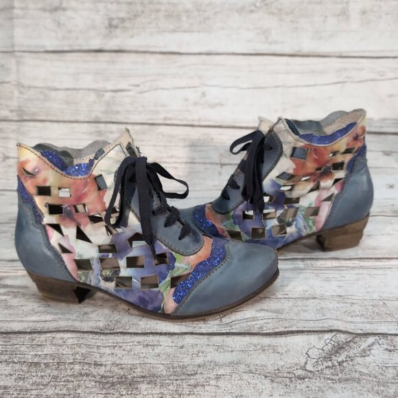Rovers Floral Leather Lace-Up Ankle Boots Blue Multicolor Boho – US Women’s 10 - Picture 6 of 10